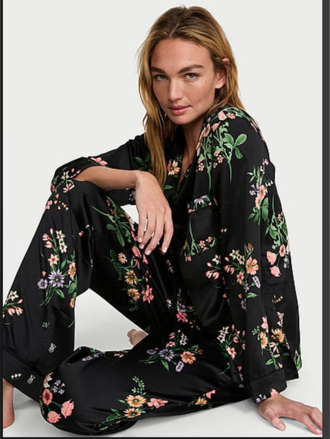 Nwt Victoria's Secret Size Small Black Floral Satin Pajama Set